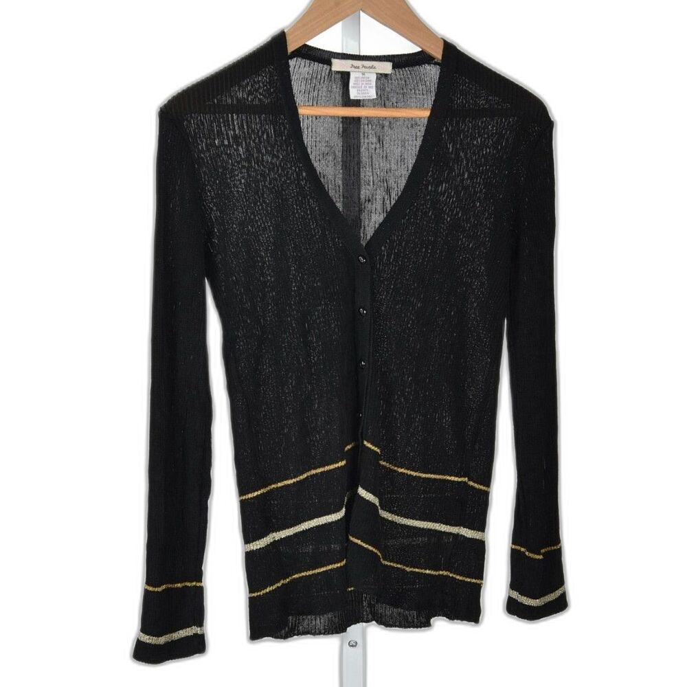 Free People Black Metallic Striped Front Button Cardigan Size M